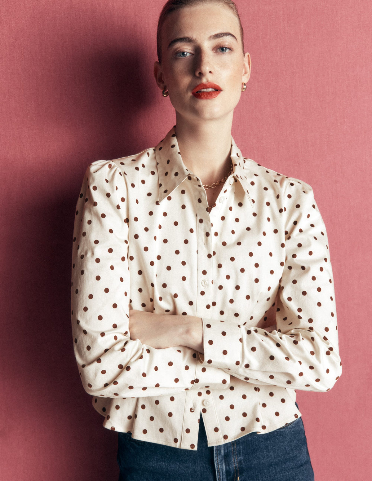 Chemise en coton à pinces – Ivoire, imprimé à pois