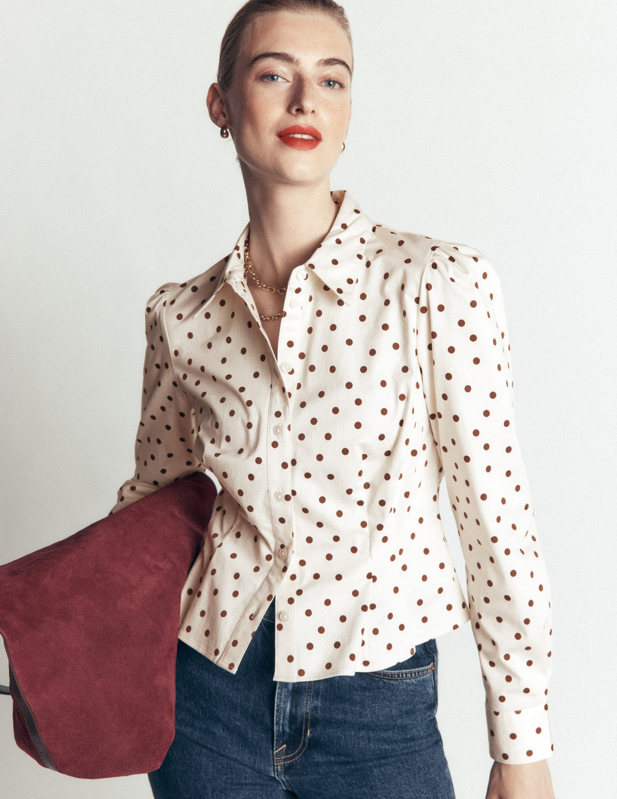 Chemise en coton à pinces – Ivoire, imprimé à pois
