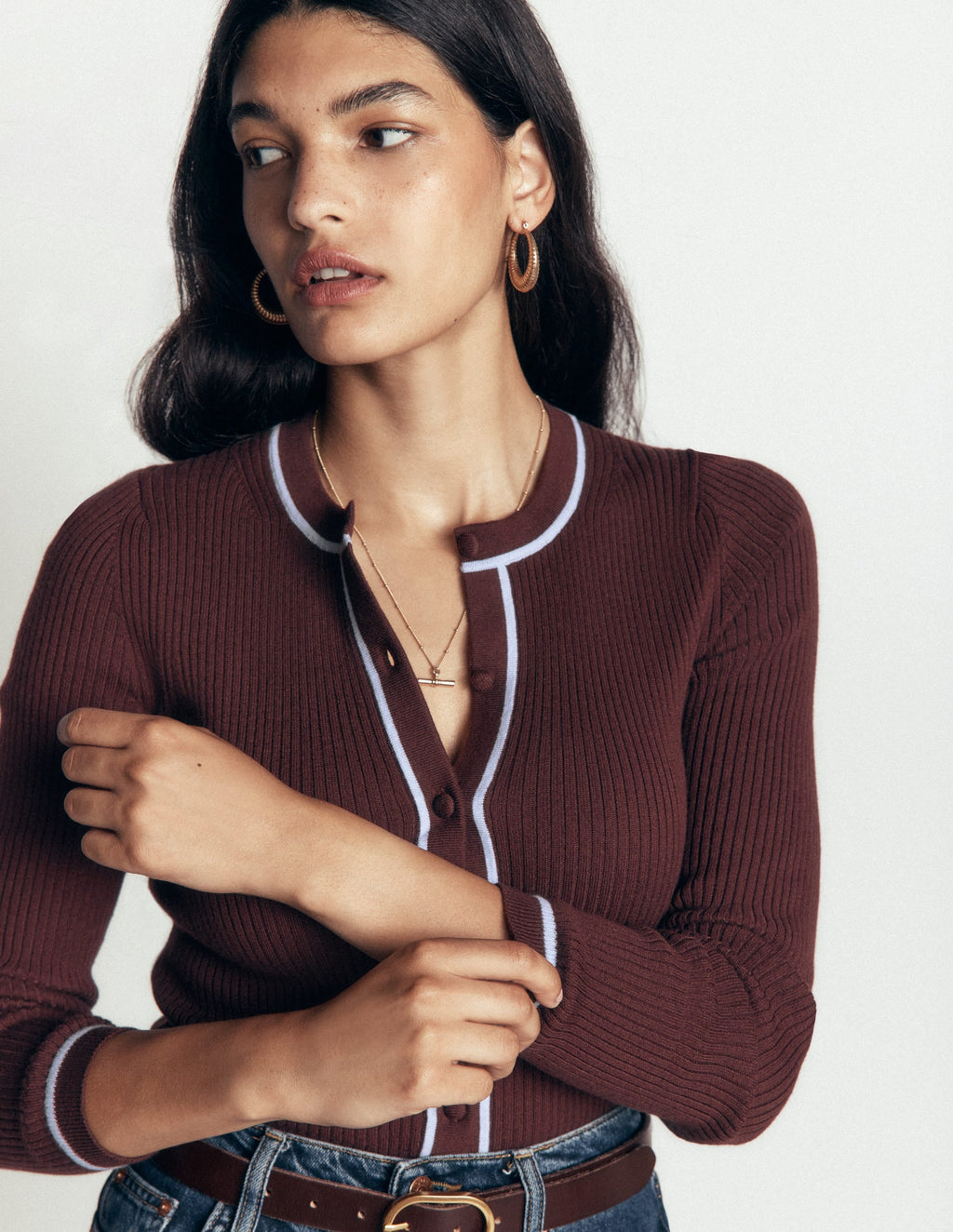 Cardigan ras du cou côtelé – Chocolat amer