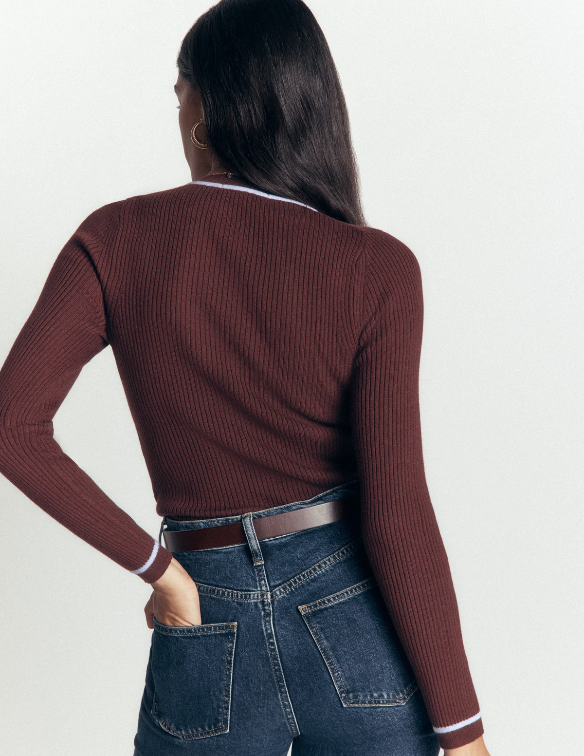 Cardigan ras du cou côtelé – Chocolat amer